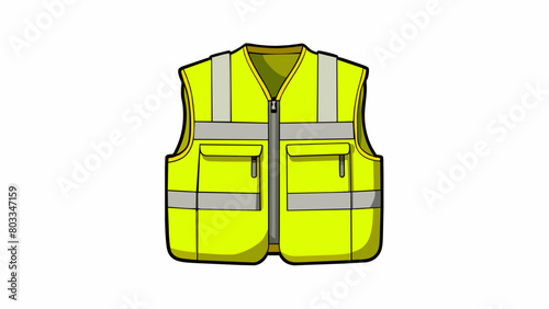 A highvisibility safety vest made of fluorescent yellow fabric with reflective strips on the front and back. The vest has multiple pockets and a. Cartoon Vector
