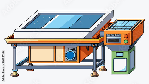 A hightech industrial screener with a digital display and touchscreen controls. The raw materials are loaded into a large hopper on top of the machine. Cartoon Vector