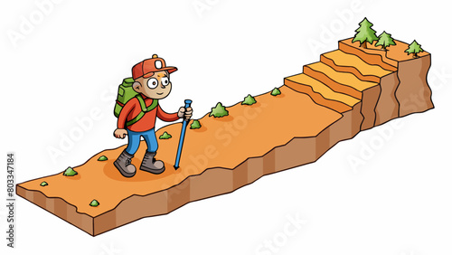 A hiker trying to navigate a steep and rocky trail with no clear paths or markers. The terrain is treacherous and the landscape constantly changes. Cartoon Vector