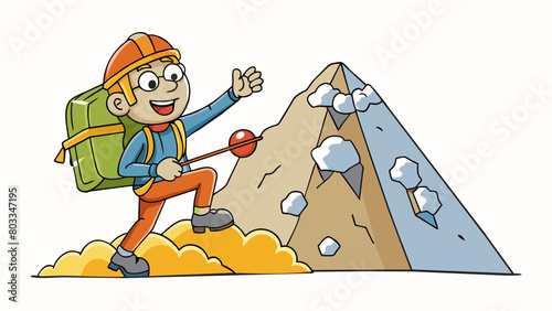 A hiker reaches the summit of a mountain panting and sweating from the steep climb. As she gazes out at the breathtaking view she reaches out to touch. Cartoon Vector