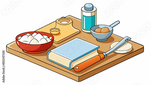 A kitchen table with a ting board measuring cups and recipe book on it. There are also several ingredients like flour sugar and eggs tered around. Cartoon Vector