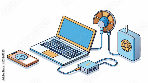 A laptop charging on a desk connected to an outlet with multiple other devices. The heat coming from the charger and the constant whirring of the. Cartoon Vector