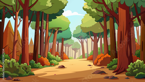 A landscape painting of a forest with rich earthy colors and thick textured brushstrokes. The trees are tall and majestic with detailed leaves and. Cartoon Vector