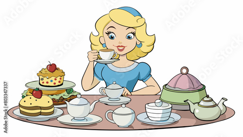 A lady seated at a wooden table sipping tea from a delicate china cup and nibbling on dainty finger sandwiches. She is surrounded by a charming. Cartoon Vector