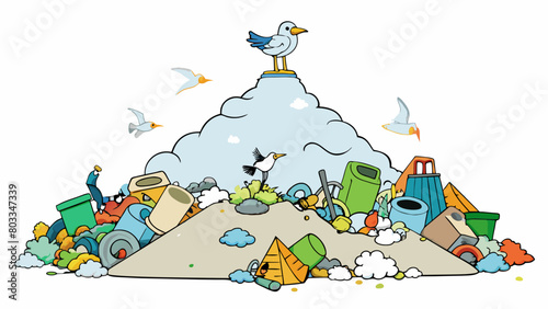 A landfill overflowing with garbage with seagulls picking through piles of trash and scavenging for food. The area is surrounded by a foul smell and. Cartoon Vector