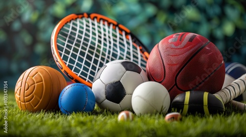 Sports equipment on green grass with bokeh background, sport concept
