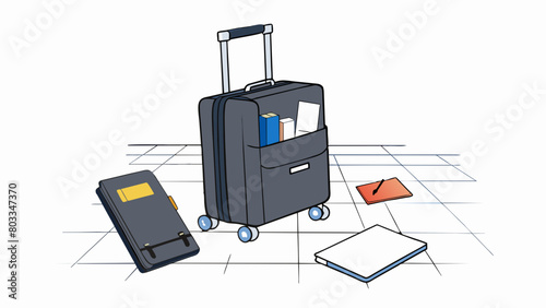 A large black suitcase sits on the floor of an airport lounge its wheels and handle showing signs of wear from countless journeys. From inside a. Cartoon Vector