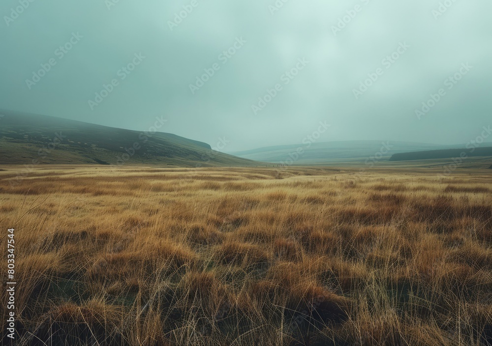 Bleak moorland landscape with a group of people walking in the distance Bleak moorland landscape with a group of people walking in the distance