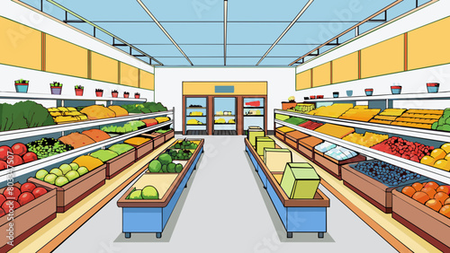 A large grocery store with brightlylit aisles filled with neatly organized shelves and a wide selection of food items. The business prides itself on. Cartoon Vector