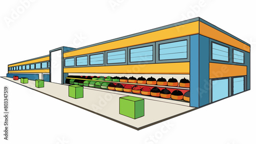 A large rectangular building with a brightly colored sign displaying various fruits and vegetables. Inside there are long aisles lined with shelves. Cartoon Vector