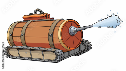 A large metal tank with a rotating nozzle at the top. The tank is filled with foam which is released through the nozzle in a fine mist quickly. Cartoon Vector