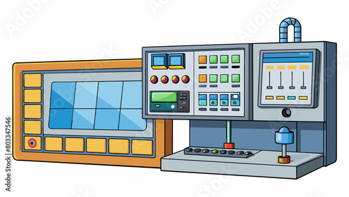 A large wallmounted control panel with a digital touch screen interface displaying a system of interconnected devices and sensors. The panel is. Cartoon Vector