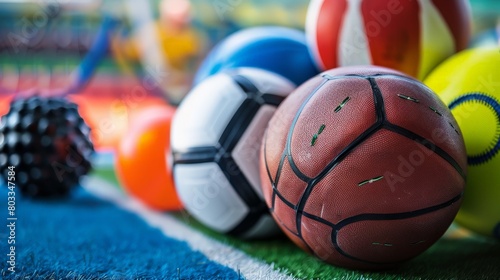 Close-up of a group of different balls on a sports ground