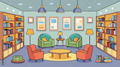 Along the walls of the library there are comfortable reading nooks filled with cozy armchairs and soft throw blankets. Each nook has a small table. Cartoon Vector