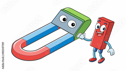 A magnet pulling a paperclip The unseen force between the two objects creates a strong bond with the paperclip hanging onto the magnet.. Cartoon Vector