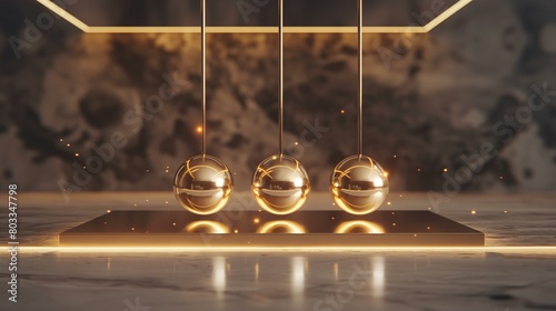 Golden Newton's Cradle with Motion Blur on Marble Background Illustrating Physics Concepts photo
