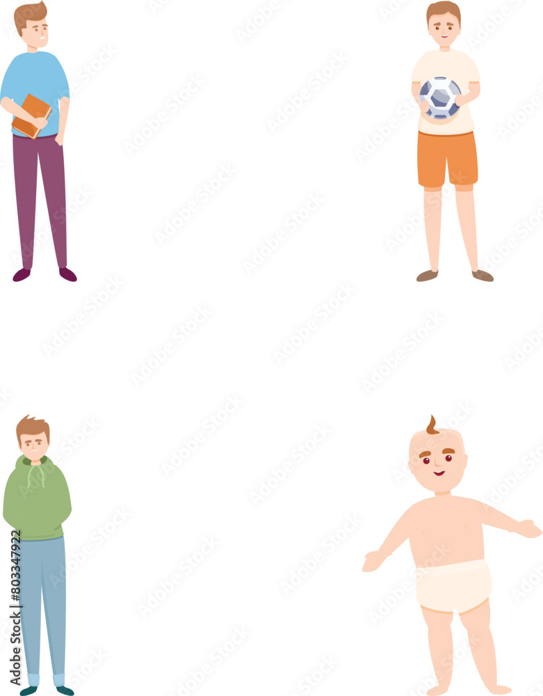 Age period icons set cartoon vector. Boy at different period of life. Life cycle, growing up Age period icons set cartoon vector. Boy at different period of life. Life cycle, growing up