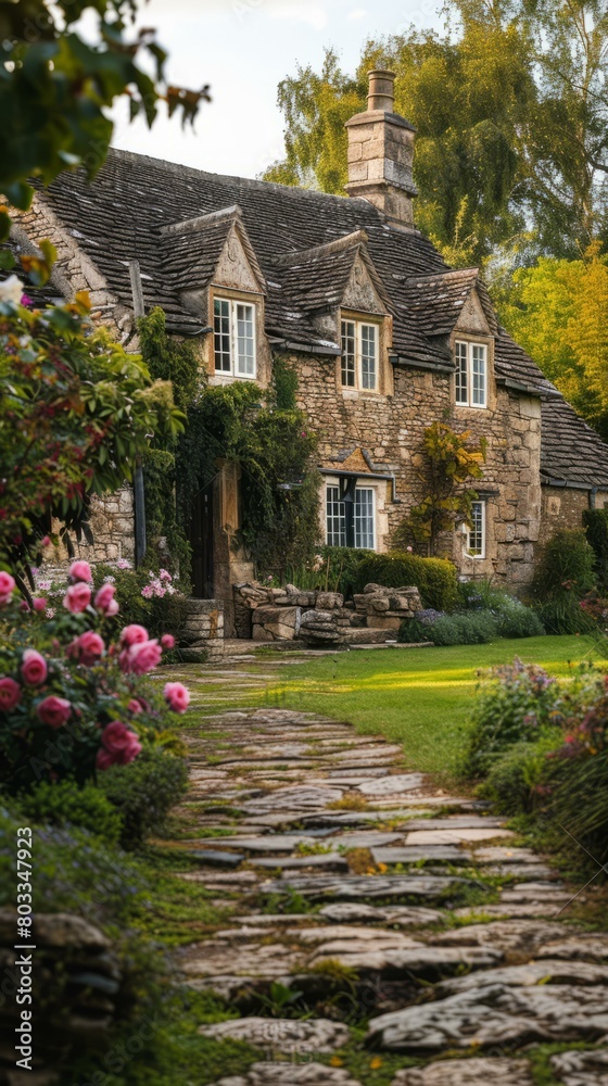 Stone cottage with a garden full of flowers