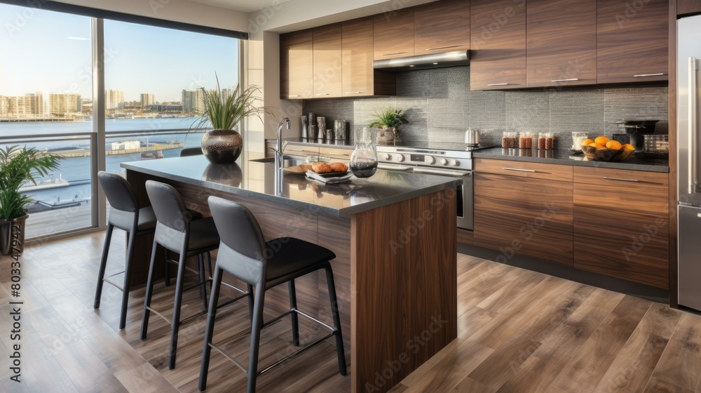 kitchen island with seating and view of city skyline