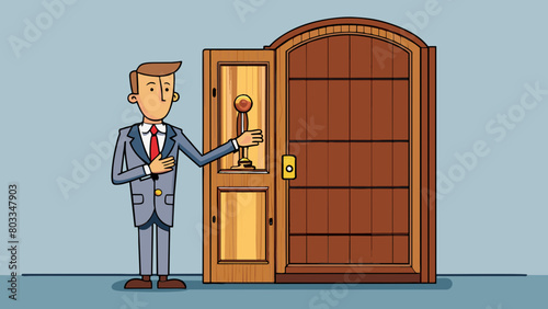 A man stands in front of a large wooden door adorned with an intricate brass door. He adjusts his tie nervously and straightens his suit jacket before. Cartoon Vector