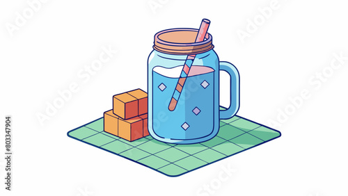 A mason jar filled with cold coffee sits on a picnic blanket the ice cubes clinking softly as they swirl around. The bold rich flavor is complemented. Cartoon Vector