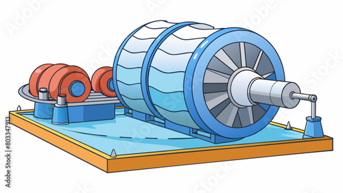 A massive steam turbine mounted on a steel frame situated next to a body of water. The turbines blades are connected to a shaft that extends into the. Cartoon Vector