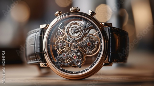 Luxurious Gold and Black Skeleton Watch Showcasing Intricate Internal Mechanics on a Wooden Surface
