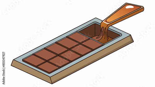 A melting block of chocolate being poured into a rectangular mold filling the crevices and forming a smooth surface as it hardens.. Cartoon Vector