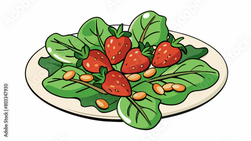 A medley of tender baby spinach leaves sliced strawberries and slivered almonds drizzled with a tangy balsamic glaze.. Cartoon Vector
