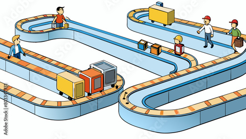 A maze of conveyor belts moving rapidly transporting suitcases and bags of all shapes and sizes to their proper gate while travelers anxiously search. Cartoon Vector