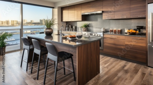 kitchen island with seating and view of city skyline