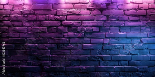 Blue and purple brick wall with glowing blue and purple lights photo