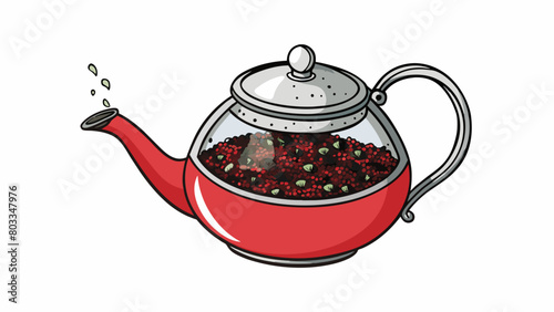 A metal infuser filled with dried herbs and es dangles from the rim of a teapot the water slowly turning a deep red as the flavors infuse. The tea has. Cartoon Vector