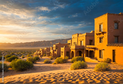 A desert landscape with a row of buildings in the background. The buildings are made of red bricks and have a rustic appearance. The sky is cloudy, and the sun is setting photo