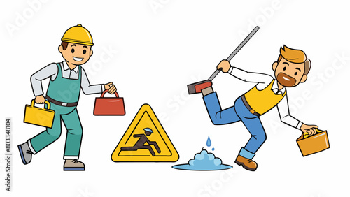 A mock scenario of an employee slipping and falling on a wet floor with a trainer pointing out the hazards and discussing ways to prevent accidents. Cartoon Vector