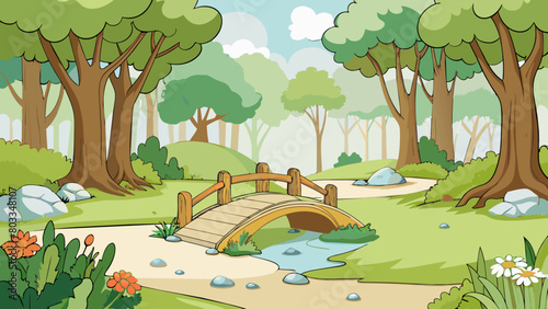 A misty forest glade with towering trees creating a canopy overhead. A small wooden bridge crosses over a babbling brook leading to a clearing in the. Cartoon Vector