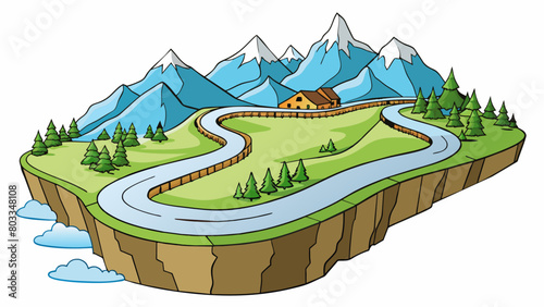 A mountainous road carved into the side of a steep cliff offering breathtaking views of the sprawling valleys below. The road is treacherous with. Cartoon Vector