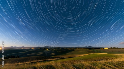 Starry Night Over Tuscan Hills: Clear Star Trails Above Rolling Landscapes
