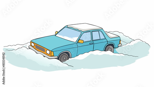 An abandoned car now buried in piles of snow sits stranded on a deserted highway during a blizzard. The wind has created snowdrifts around the car. Cartoon Vector