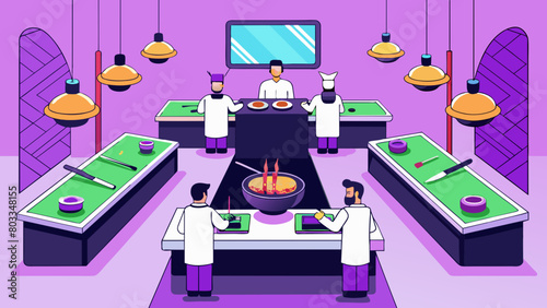 A modern sushi restaurant with sleek black tables and vibrant purple chairs. The walls are lined with bamboo and there is a subtle scent of incense in. Cartoon Vector