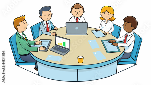 A multinational team of exeives sitting around a conference table discussing strategy and making plans using laptops and presentation slides.. Cartoon Vector