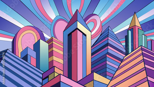 An abstract painting of a cityscape with bold geometric shapes and electric contrasting colors. The buildings appear tall and angular with sharp edges. Cartoon Vector