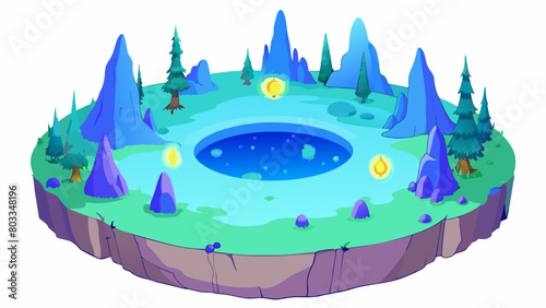 A mystical and ethereal lake hidden deep within a mystical forest. The water is an otherworldly blue with small glowing orbs bobbing on its surface.. Cartoon Vector