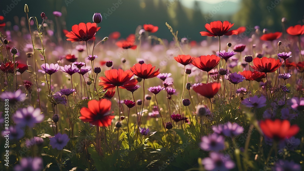 Obraz premium field of flowers with different shapes and pink and red colors in the morning