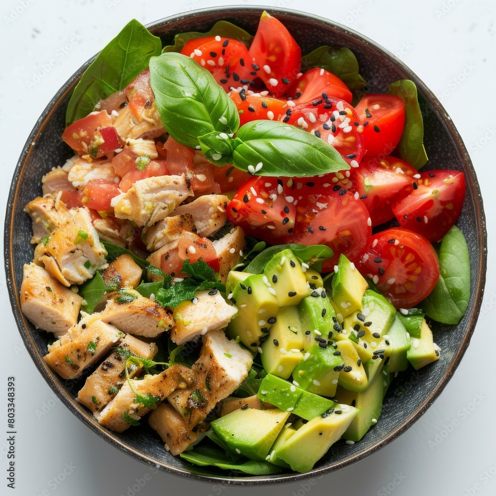 Chicken breast, avocado and tomato salad with basil and spinach Chicken breast, avocado and tomato salad with basil and spinach