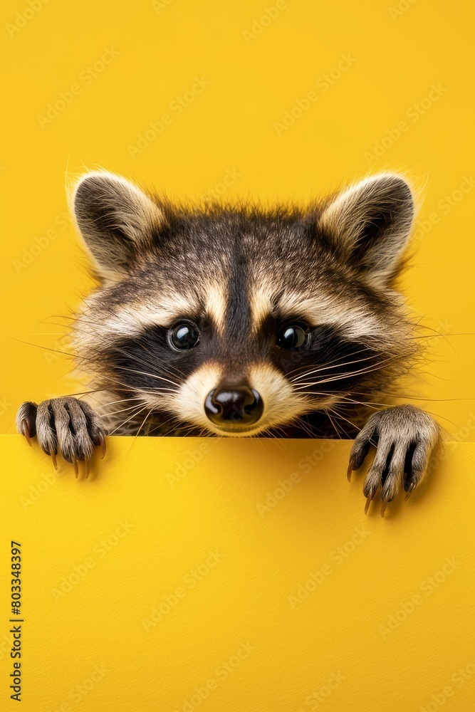 Raccoon Peeking Behind Yellow Wall