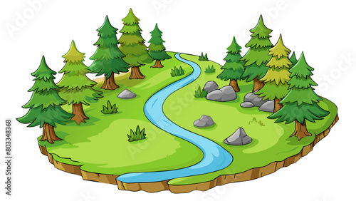 An image of a rugged hiking trail winding through a lush forest with towering trees and a gentle babbling brook.. Cartoon Vector