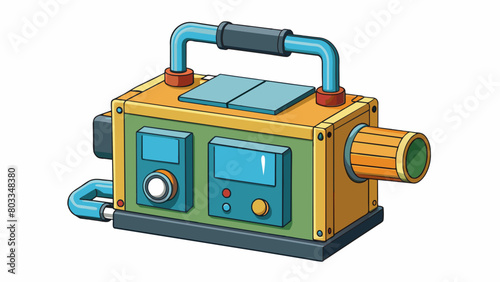 An industrial pump made of durable plastic about the size of an average toolbox. It has a flat rectangular base with a tall cylindrical chamber. Cartoon Vector