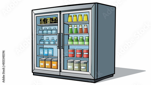 An industrialsized stainless steel refrigerator with glass doors displaying rows of neatly organized food and beverage items inside.. Cartoon Vector