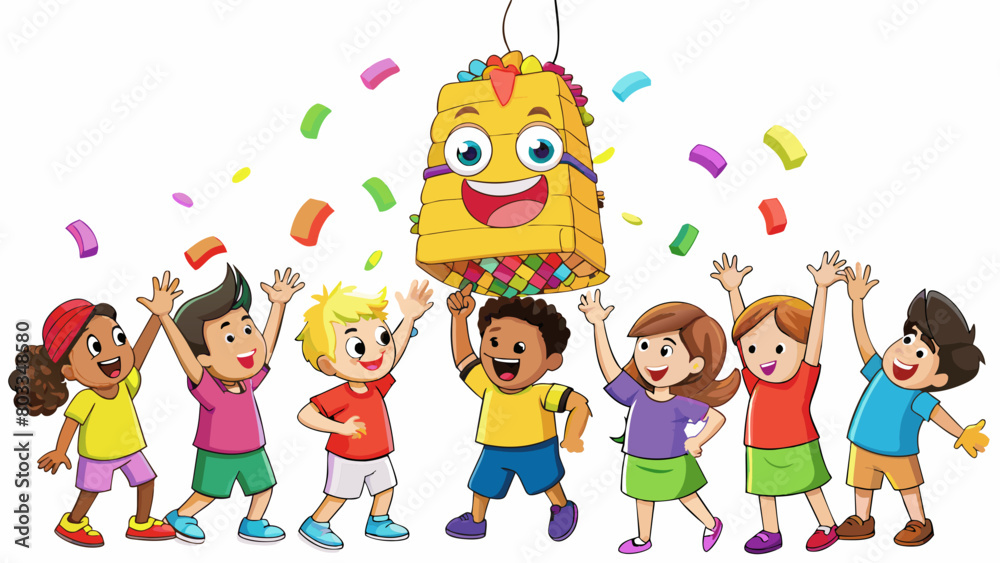 Fototapeta premium An overflowing pi ata filled with candy and toys hanging above a group of eager kids with outstretched arms bouncing on their toes and chanting for. Cartoon Vector